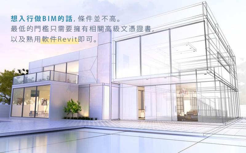 Jobsdb 文章配圖：建築物以 BIM 模型呈現，並註明入行最低門檻為高級文憑及熟用 Revit